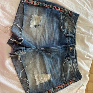 H&M Blue Distressed Denim Shorts with Colorful Embroidered Trim